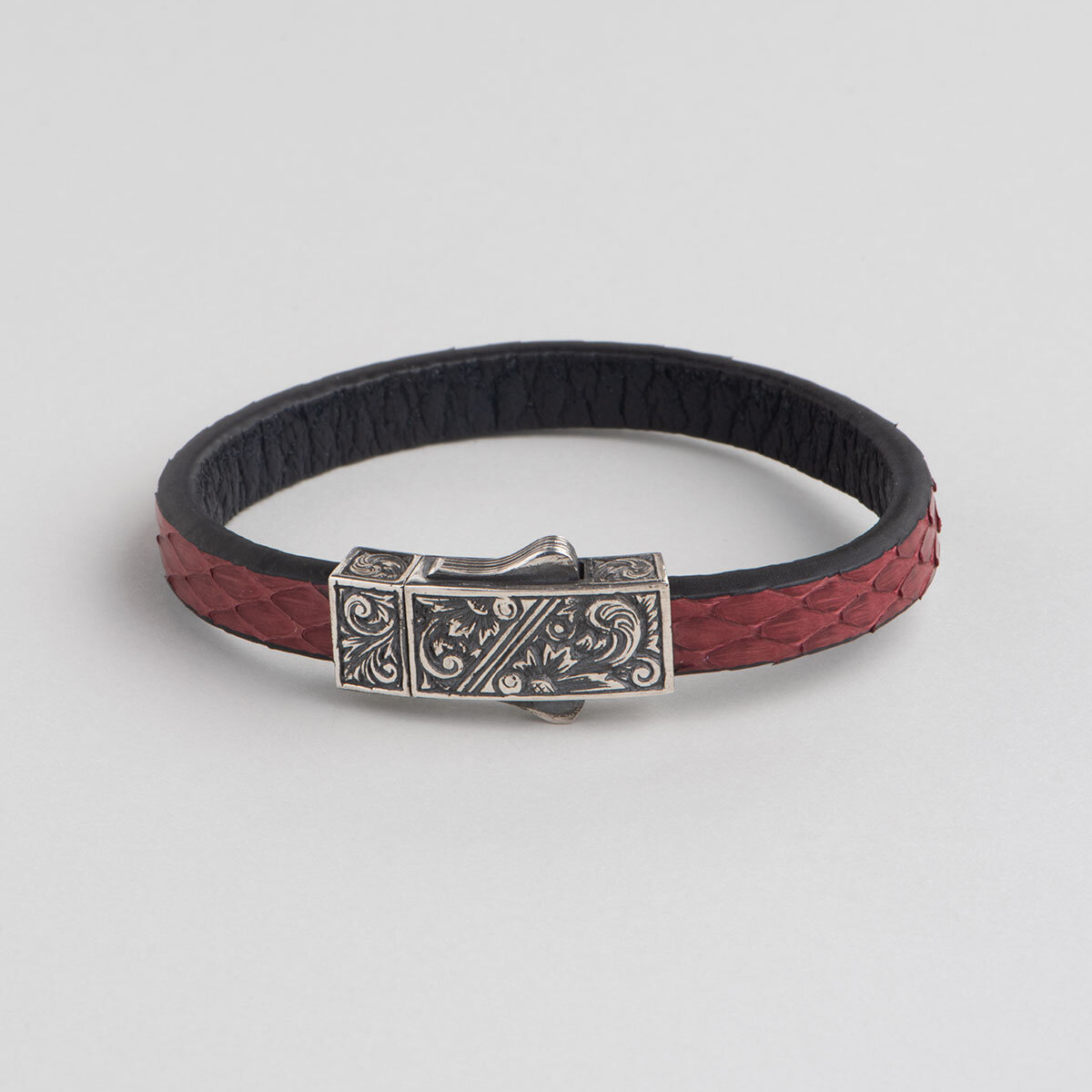 Silver Bracelet for Men Red Python Leather 925 Sterling