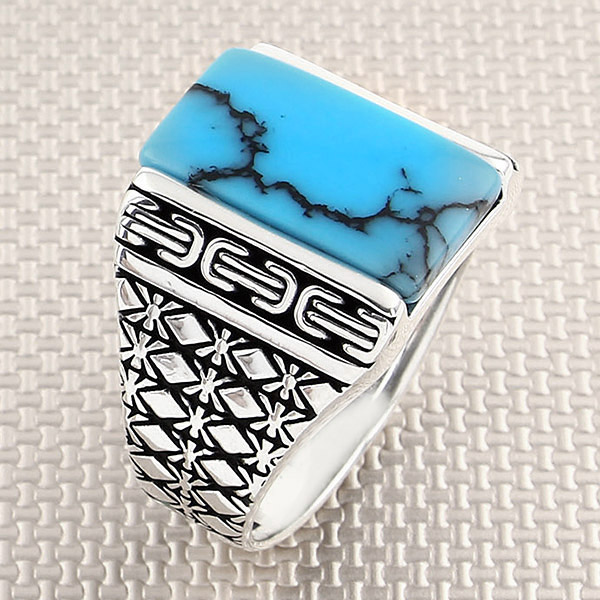 Plaid Design Men Ring Onyx Stone 925 Sterling / Sezgin Jewels