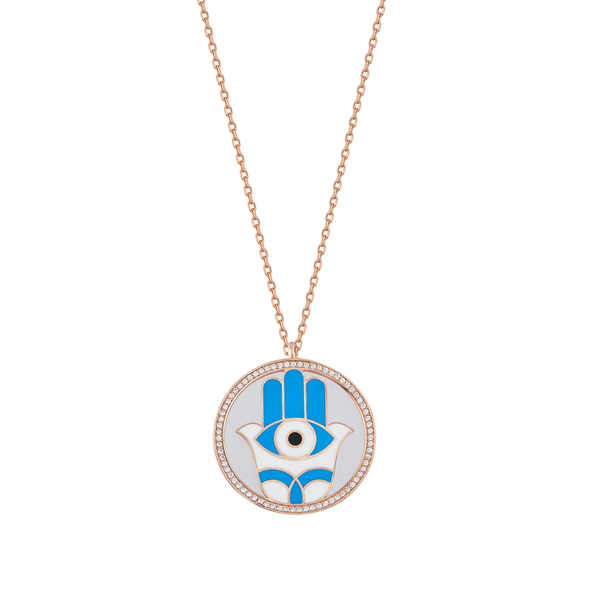 Silver Necklace Evil Eye Collection Hamsa Design Zircon Stone Enamel 925 