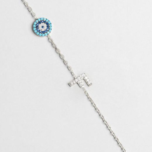 Silver Letter Bracelet with Evil Eye Design 925 Sterling