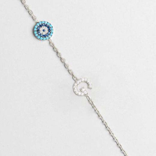 Silver Letter Bracelet with Evil Eye Design 925 Sterling