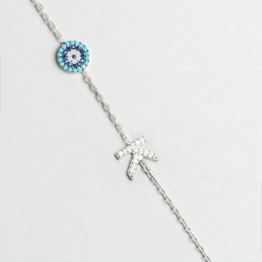 Silver Letter Bracelet with Evil Eye Design 925 Sterling