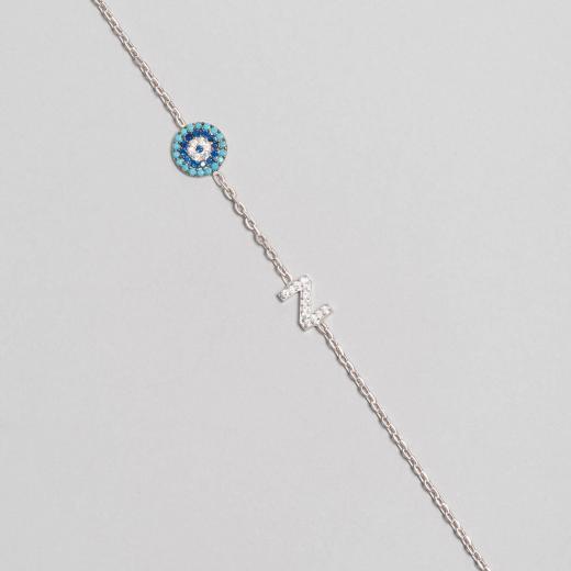 Silver Letter Bracelet with Evil Eye Design 925 Sterling