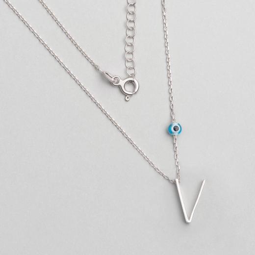 Alphabet With Evil Eye  V  Sterling Silver