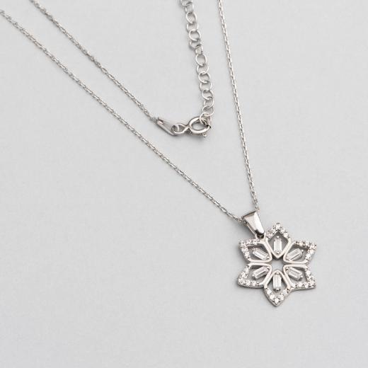 925 Sterling Silver Necklace Flower Design Baguette Stone