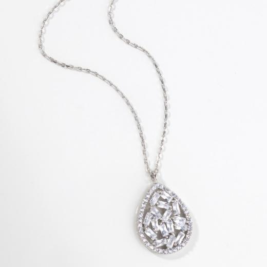 925 Sterling Silver Drop Shape Design Baguette Necklace