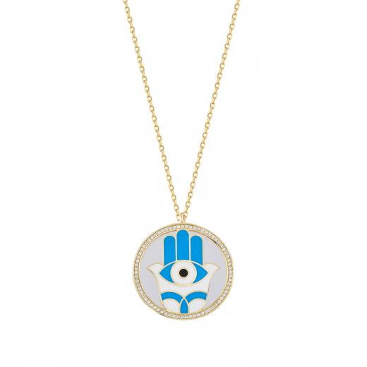 Silver Necklace Evil Eye Collection Hamsa Design Zircon Stone Enamel 925 