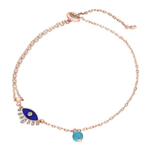 Silver Bracelet Evil Eye Design Enamel Turquoise Stone 925 Sterling