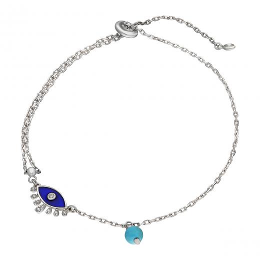 Silver Bracelet Evil Eye Design Enamel Turquoise Stone 925 Sterling