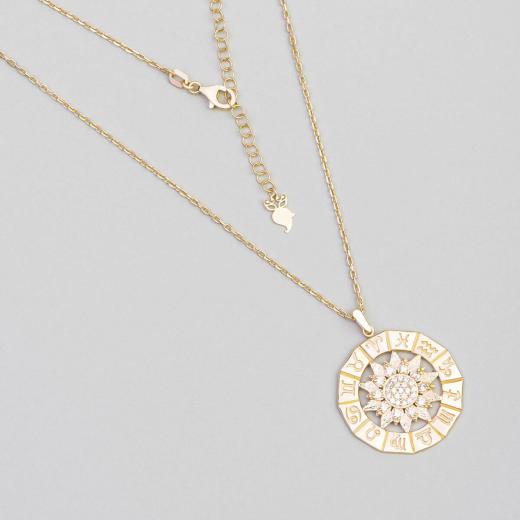 Silver Necklace Medallion Zodiac Design Zircon Stone 925 Sterling 