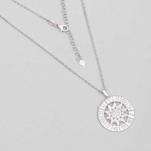 925 Sterling Silver Necklace Medallion Zodiac Design Zircon Stone