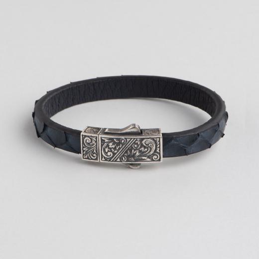 Silver Bracelet for Men Dark Blue Piton Leather 925 Sterling