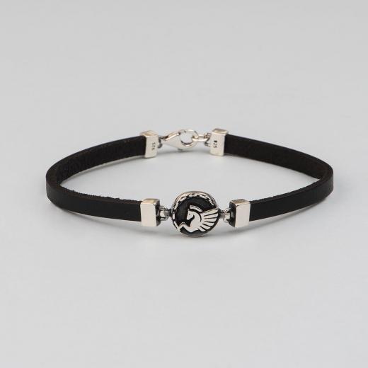 Silver Bracelet for Men Leather and Pegasus Symbol 925 Sterling