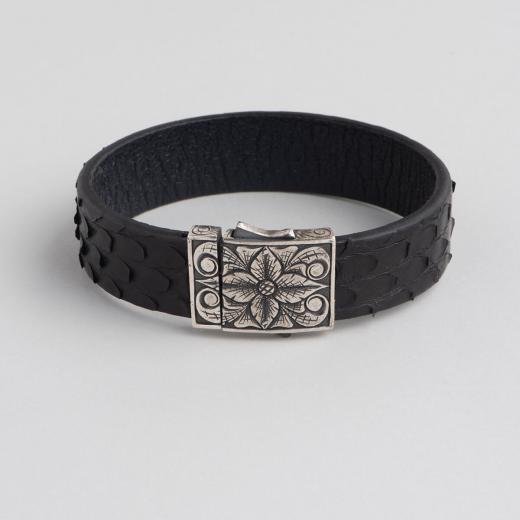 Silver Bracelet for Men Black Piton Leather 925 Sterling