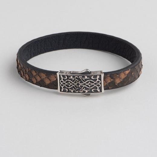 Silver Bracelet for Men Brown Python Leather 925 Sterling