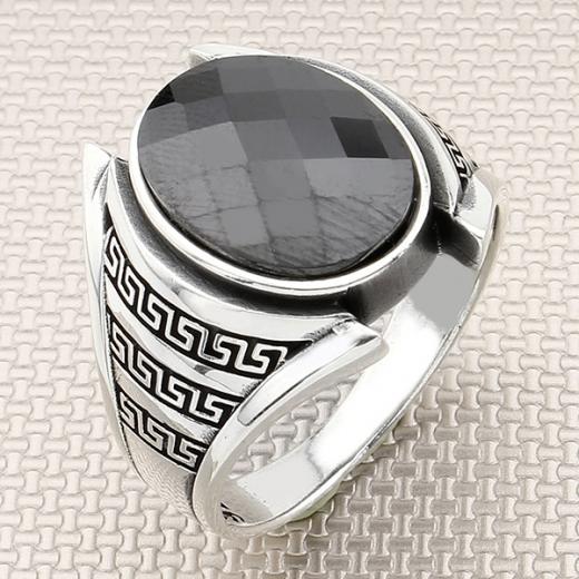 Greek Design Men Ring Hematite Stone 925 Sterling