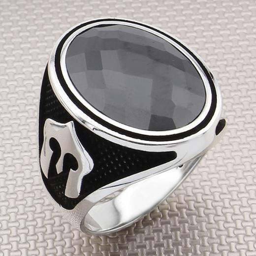 Helmet Design Men Ring Hematite Stone 925 Sterling