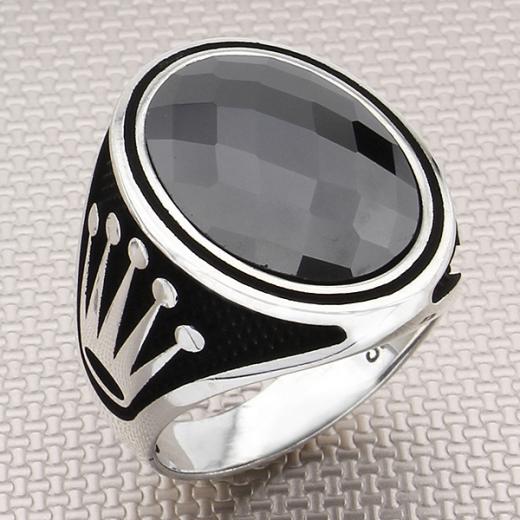 Crown Design Men Ring Agate Stone 925 Sterling