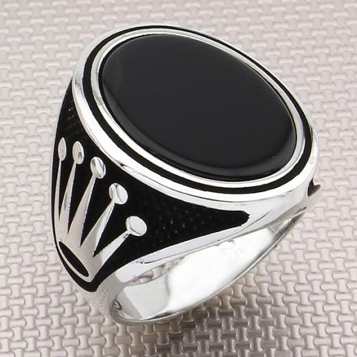 Crown Design Men Ring Onyx Stone 925 Sterling