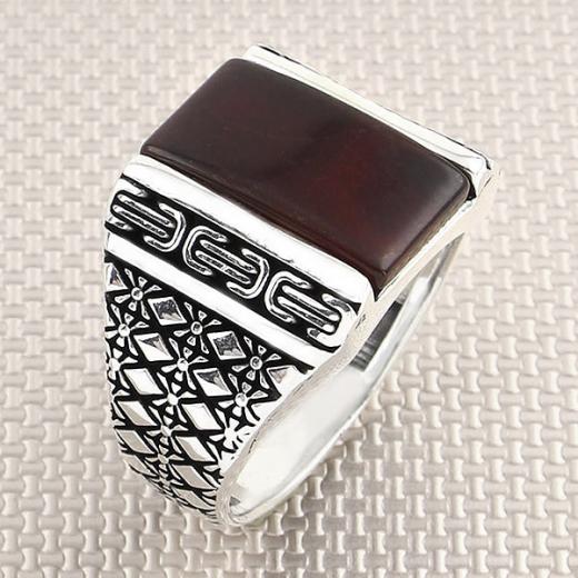 Plaid Design Men Ring Agate Stone 925 Sterling