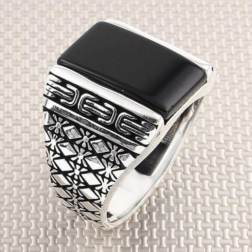 Plaid Design Men Ring Onyx Stone 925 Sterling 