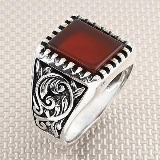 Leaf Design Men Ring Agate Stone 925 Sterling