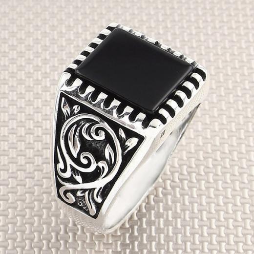 Leaf Design Men Ring Onyx Stone 925 Sterling