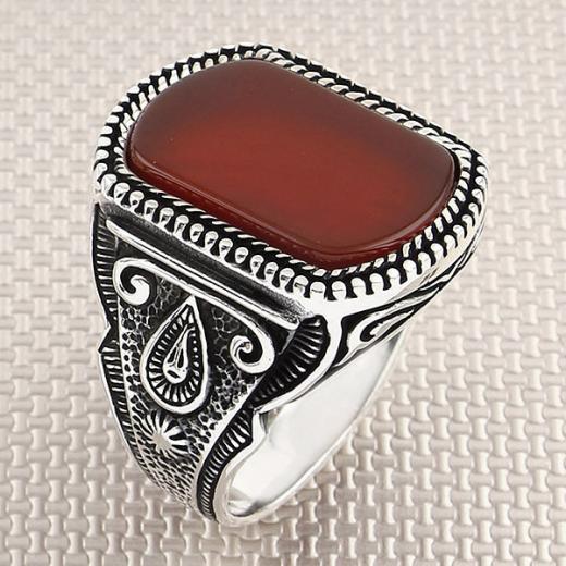 Gothic Design Men Ring Agate Stone 925 Sterling