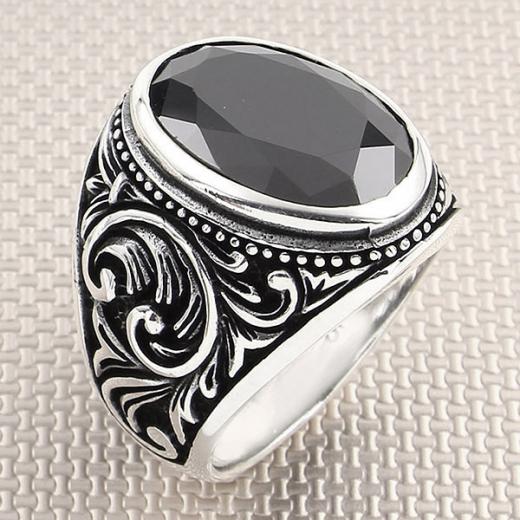 Baroque Design Men Ring Onyx Stone 925 Sterling