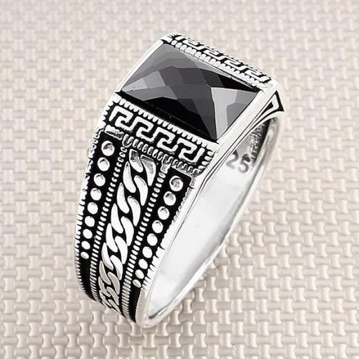 Chain Design Men Ring Hematite Stone 925 Sterling