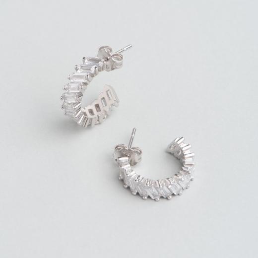 Silver Earring Minimal Design Baguette Stone 925 Sterling